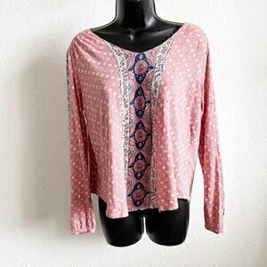 Lucky Brand‎ Linen Boho Printed Peasant Blouse Top Pink Size Small